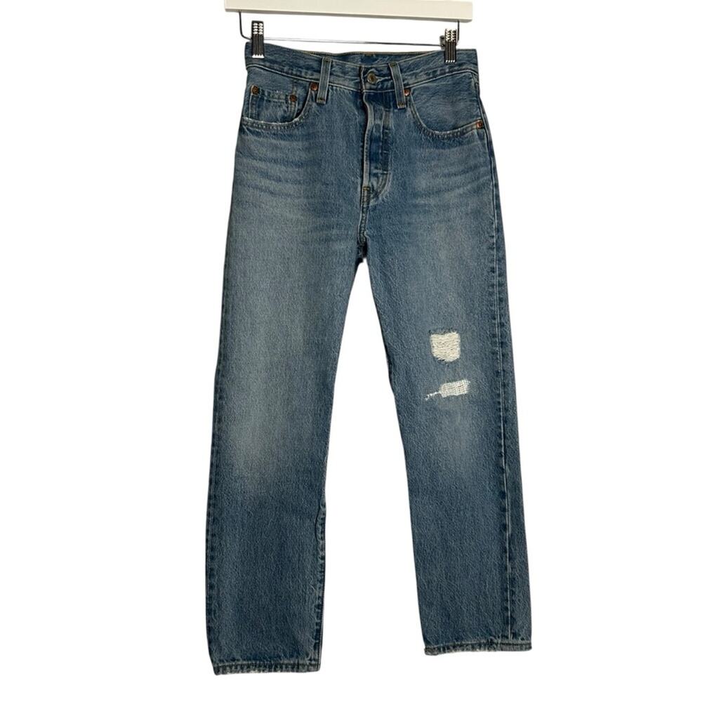 Levi’s 501 Lightly Distressed High Rise‎ Waist Straight Leg Denim Blur Jeans 24